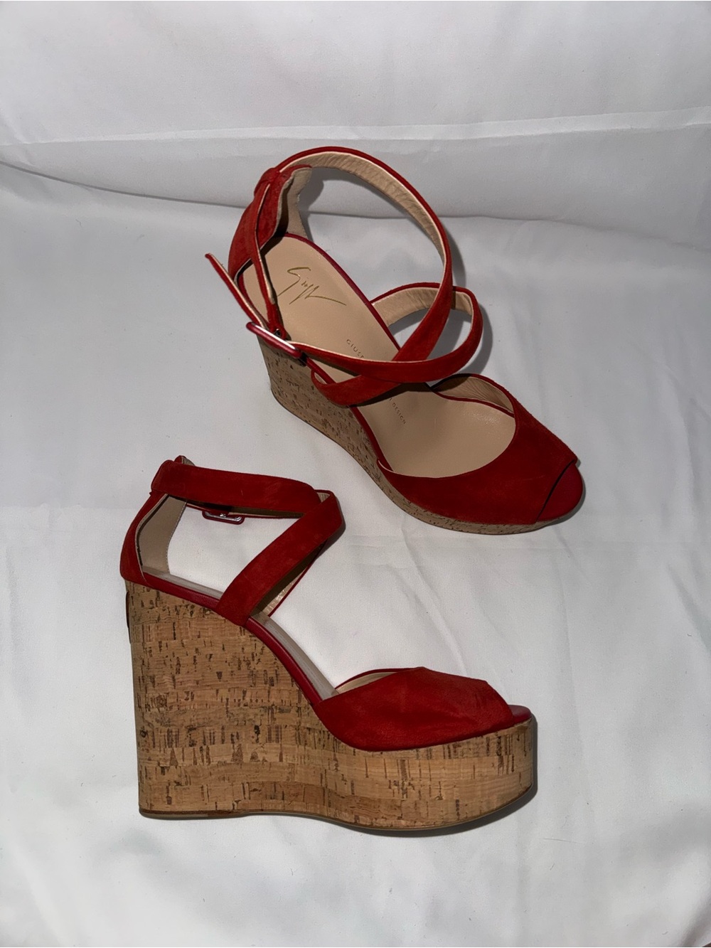 Giuseppe Zanotti Red Suede Cork Wedge Sandals